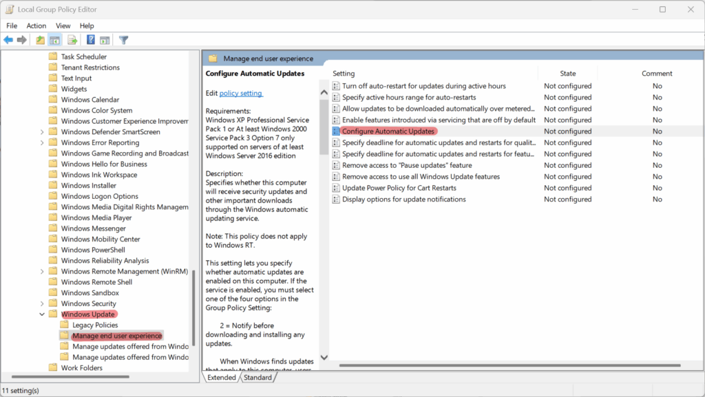 GPO location to setup the automatic updates